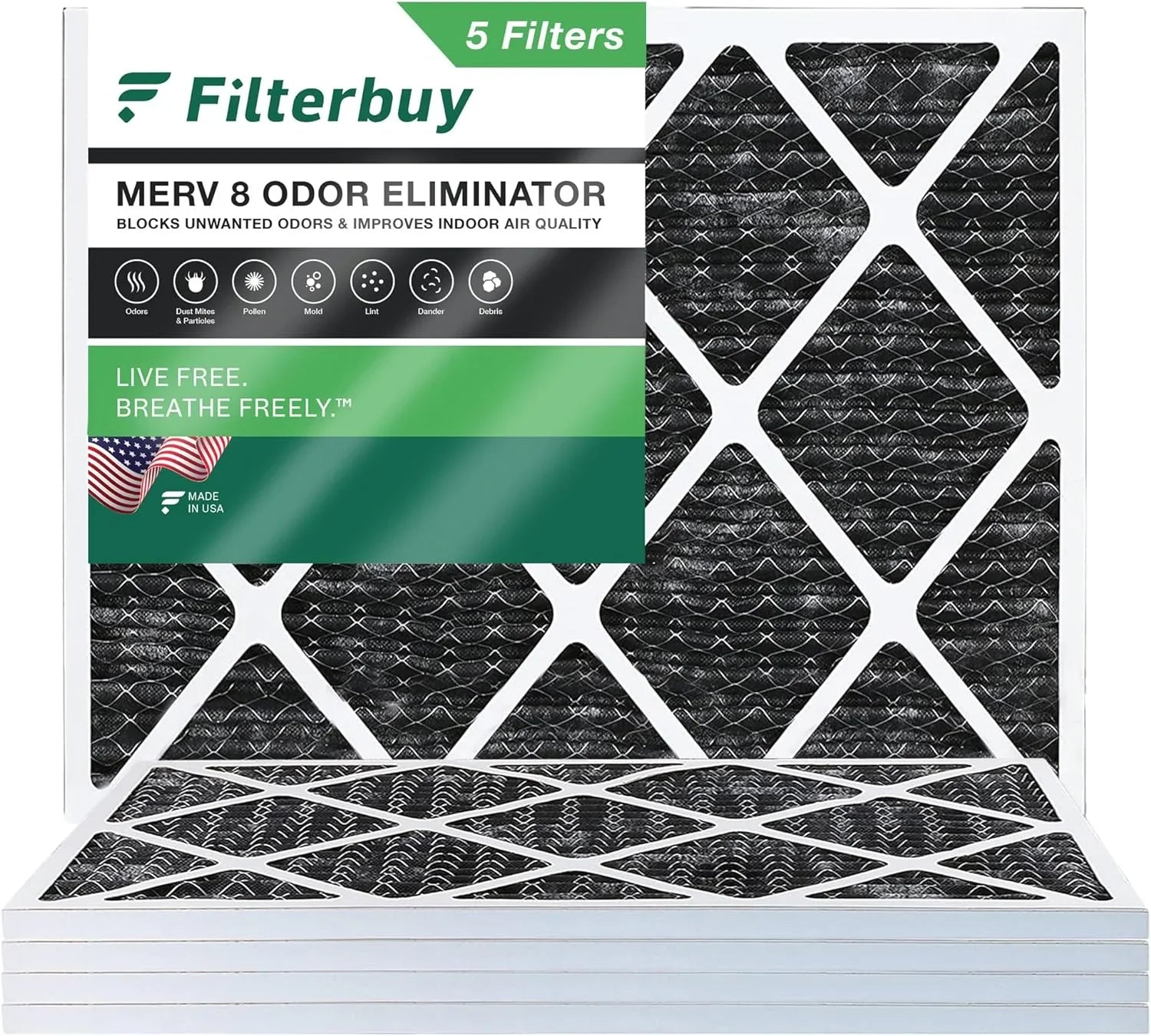 (5-Pack) Carbon Odor Filters Activated 8 Filterbuy Air HVAC with Eliminator Pleated 20x24x1 MERV AC Furnace