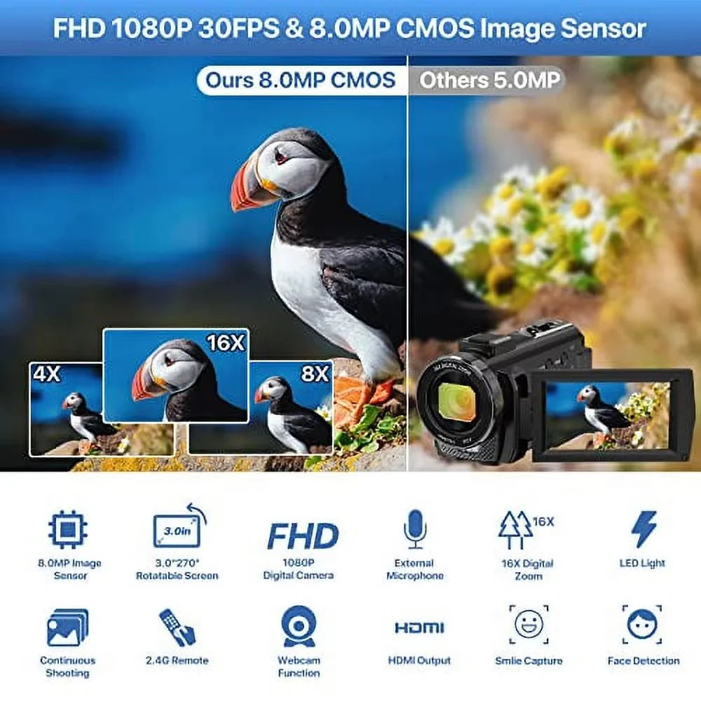 and Video 2 Vlogging Recorder YouTube with IR Zoom Camera Night Camcorder Camcorder Batteries Screen Vision FHD 3.0'' Touch Digital Camera Microphone,Remote 1080P WiFi 16X 30FPS 26MP