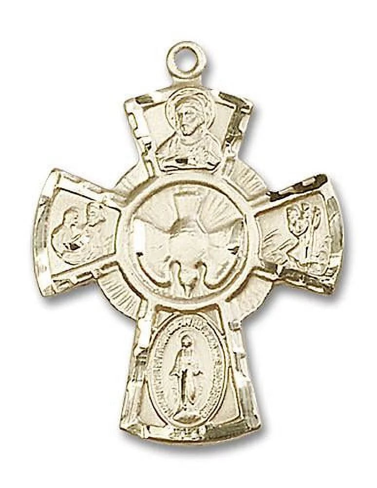 Miraculous with Made Joseph, 5-Way Large 14kt Sacred Medal, St. Cruciform in Traditional St. Heart, Filled Christopher Medal Cross Extel and USA Gold Catholic