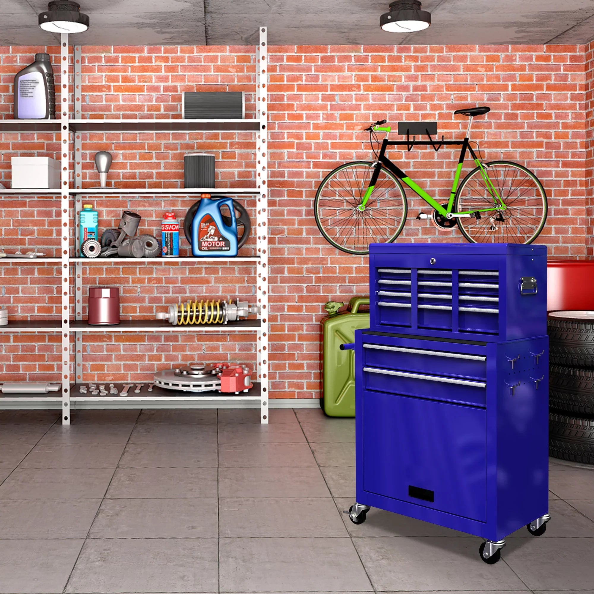 & Tool Tool Box, Wheels Chest 8 On 2-IN-1 Double Tool Box Drawers, Lockable Organizer Drawers, Cabinet Capacity Blue Chest with Drawers, with Sliding Rolling Large with Tool Hidden