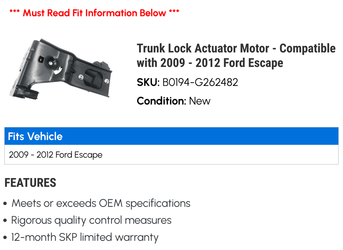'- Motor Trunk - Lock Actuator 2009 with 2012 2011 2010 Escape Ford Compatible