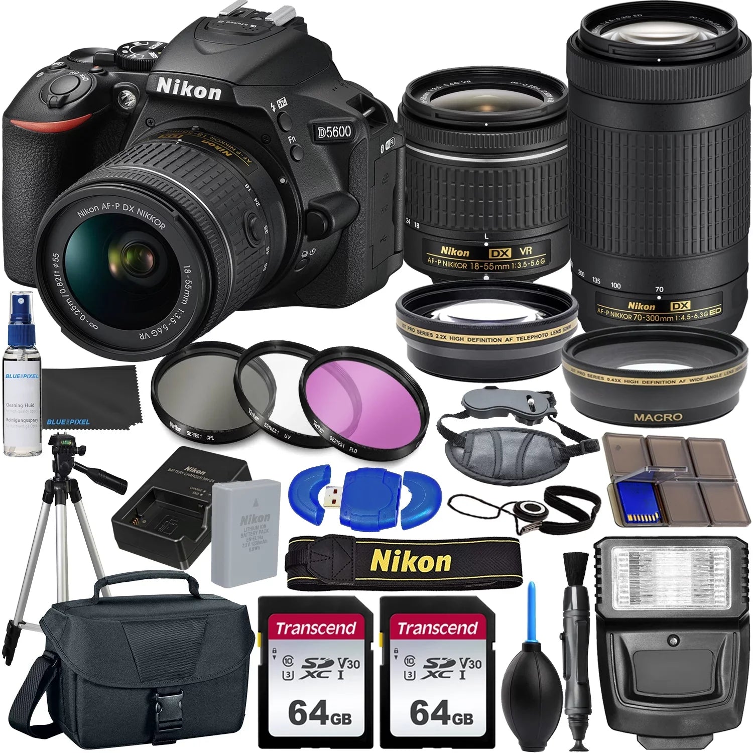 Camera and Pc Tripod, More DSLR + 18-55mm (23pc Bundle) 2 and Flash, D5600 64GB VR with Lenses 70-300mm Nikon Memory,