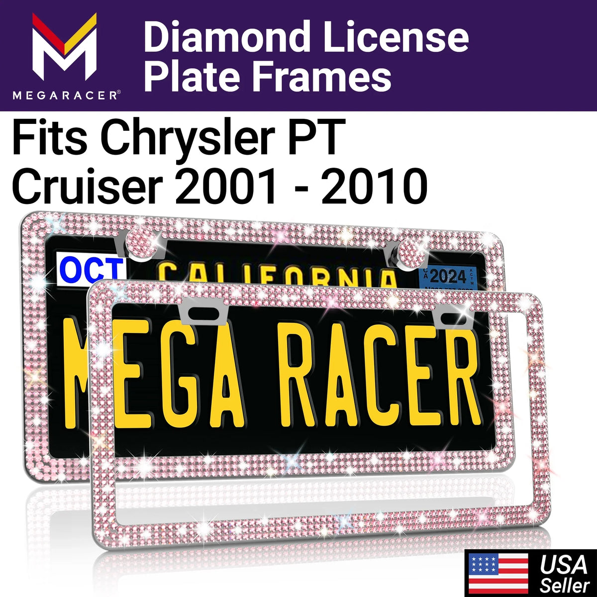 Racer Plate - Bling Frame Mounting Cruiser Holes License PT with 01 2 Frames Pink 2001 Cruiser Plate License Screws, - Rhinestones, Car Sparkly Chrysler Chrysler Diamond 10 Mega PT 2010