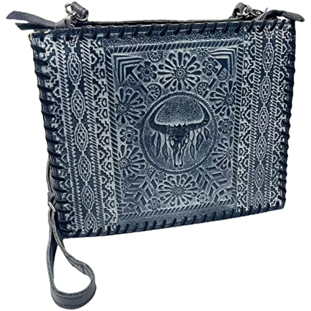 Skull Genuine Leather (Blue) Stitched Tote Large Cow Urbalabs Tooled Western Hand Longhorn Crossbody Handbag Purse Bag