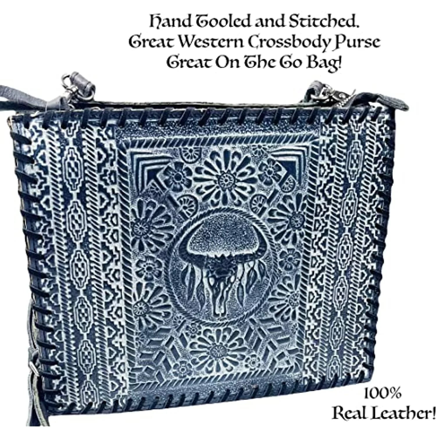 Skull Genuine Leather (Blue) Stitched Tote Large Cow Urbalabs Tooled Western Hand Longhorn Crossbody Handbag Purse Bag
