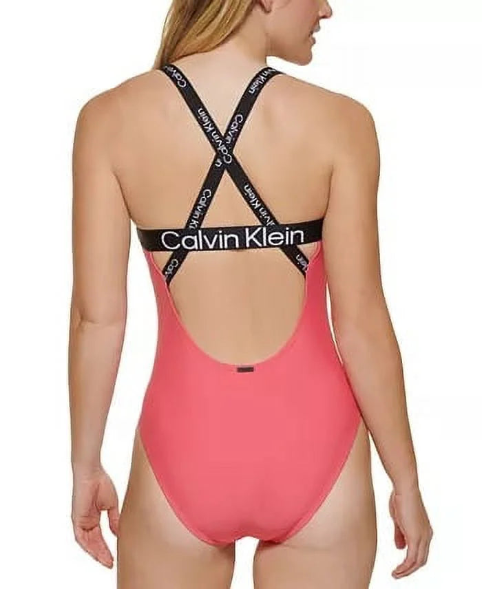 One-Piece Deep Klein Criss-Cross U-Back US X-Large Logo Swimsuit, PINK Calvin