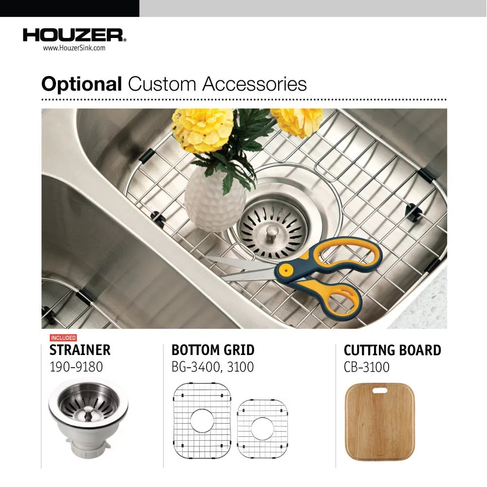 60/40 Bowl Steel Stainless Kitchen x Right Sink, Bowl 20-3/16" Small x 31-1/2" 17-15/16" 20-3/16" 31-1/2" Houzer x Undermount Double MEC-3220SR-1