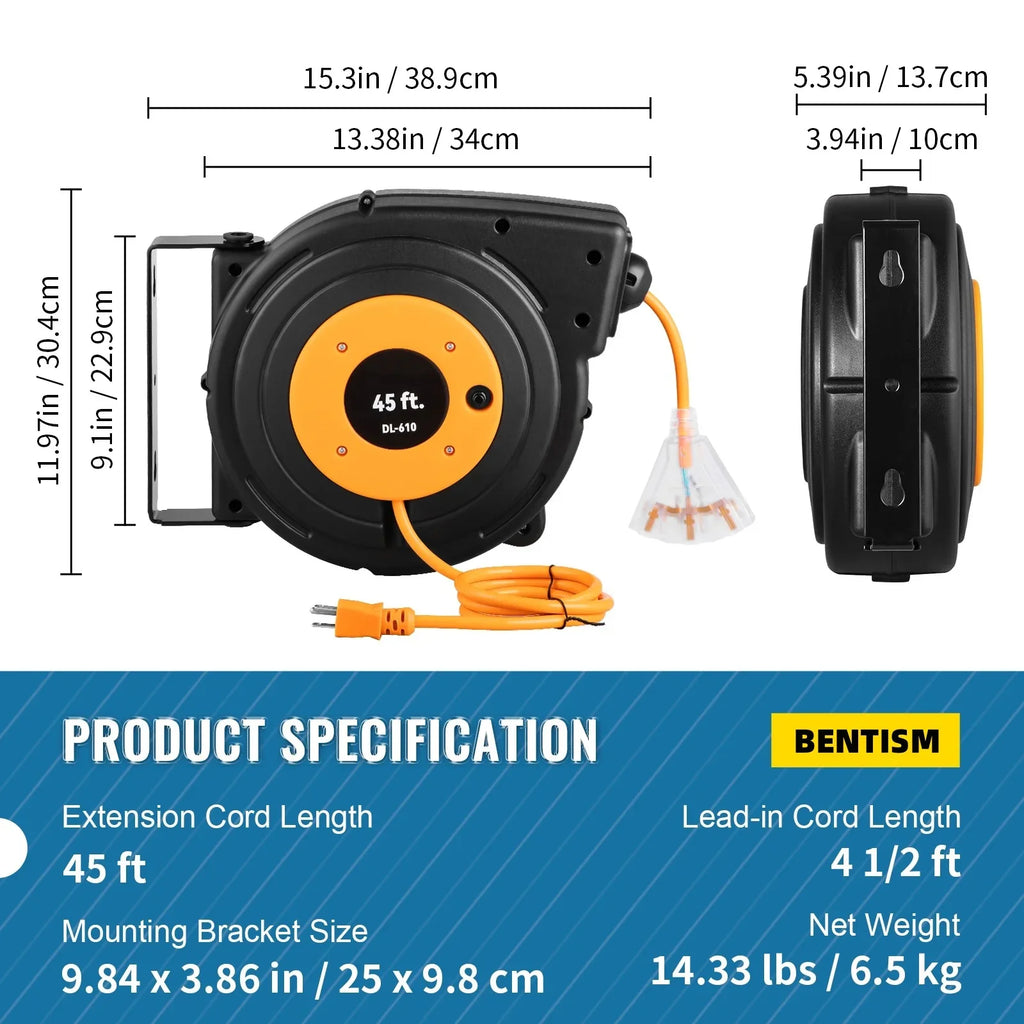 UL Cord Reel 45FT Extension Retractable BENTISM Power Reel 12AWG/3C SJTOW Cord
