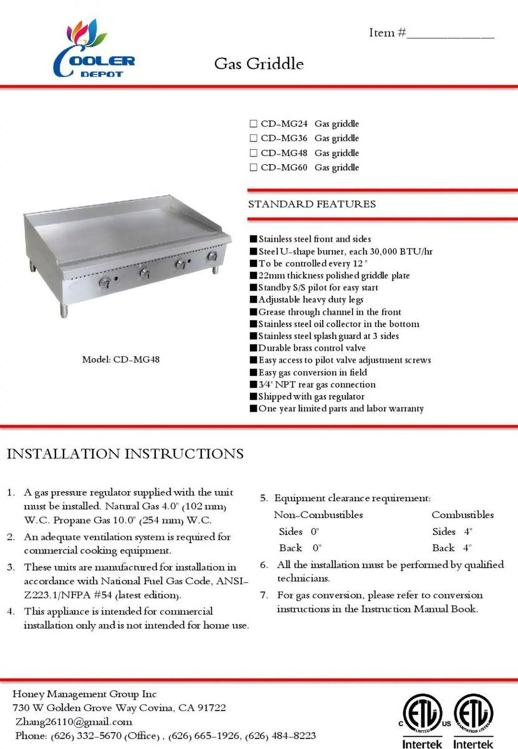 CD-MG60 ins gas NSF 60 heavy griddle duty