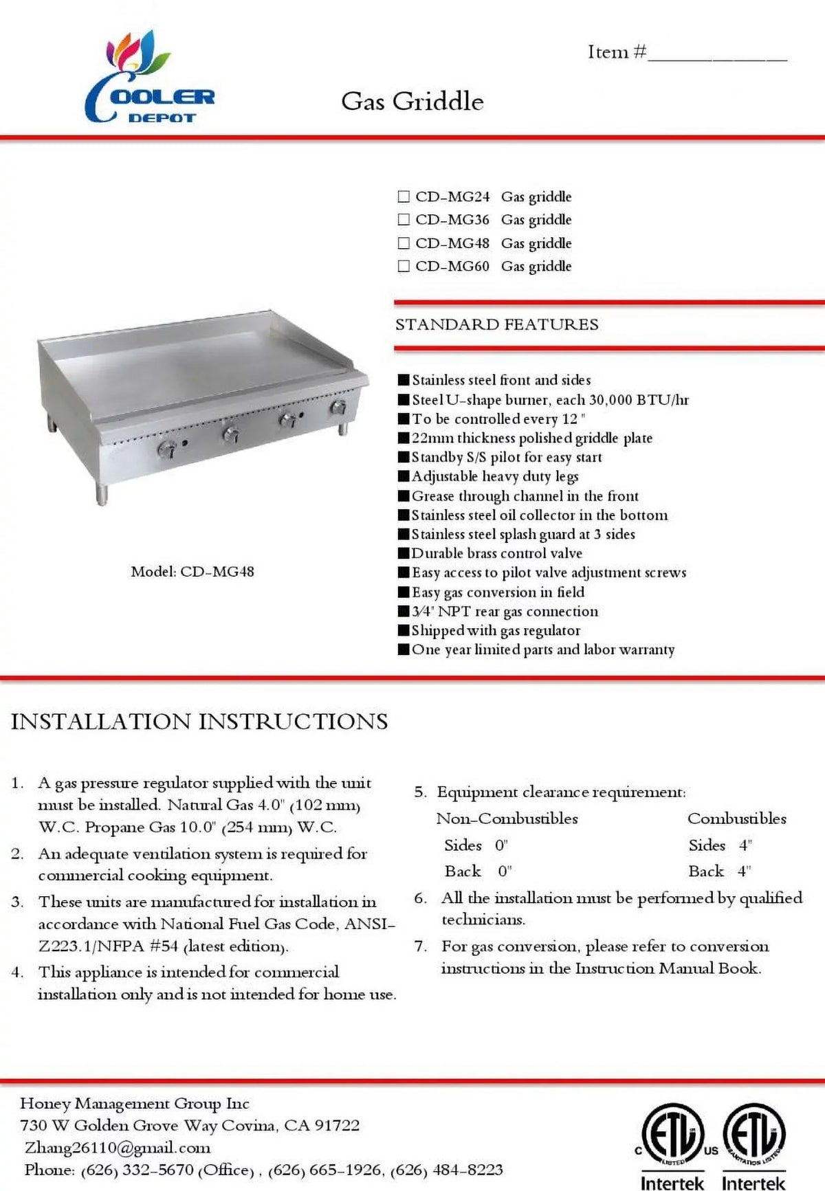 CD-MG60 ins gas NSF 60 heavy griddle duty