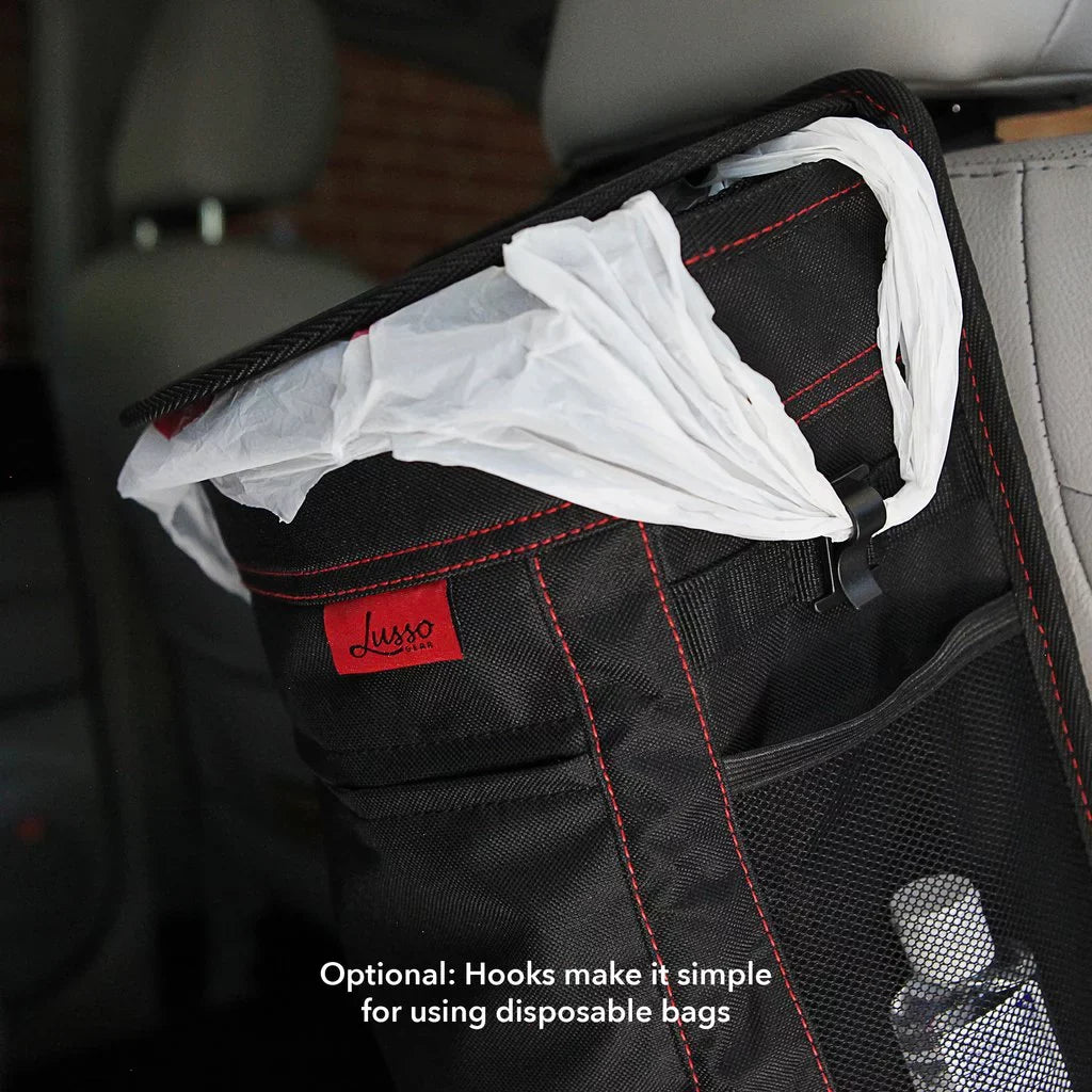 Car | with Hang Can Stitching Trash 2.5 Leakproof Gallon, | | Flip Removable Garbage Hanging, | Capacity, with Large Vinyl Lid Bin or Black Open Lusso Gear | Liner Red Mount