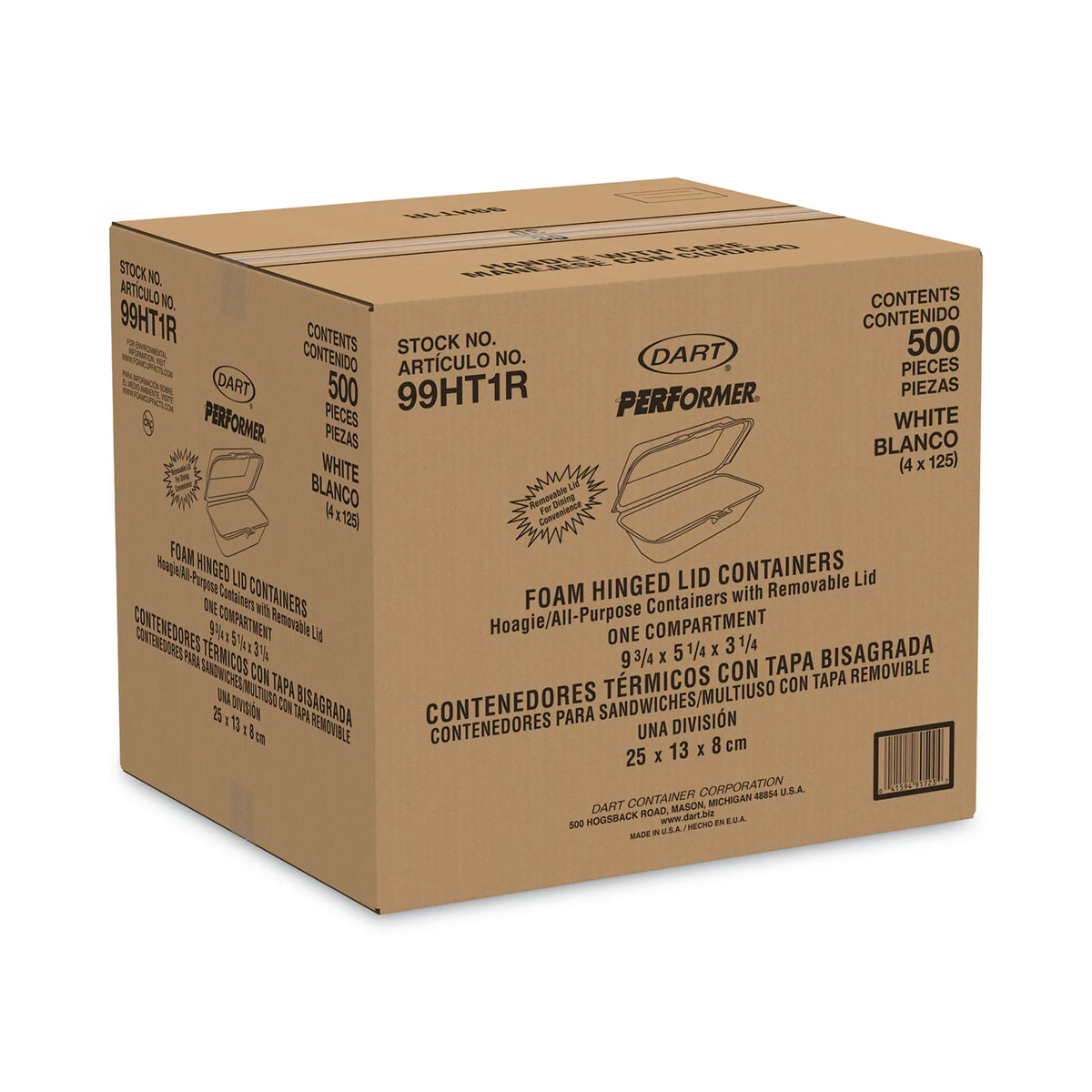 4 Removable Lid, Bags/Carton Dart 5.3 Container, -DCC99HT1R Lid 3.3, with White, Container x 9.8 x Hinged Foam Hoagie 125/Bag,